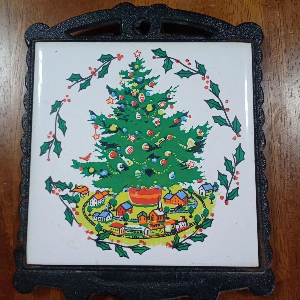 Vintage Cast‎ Iron Tile Trivet Hot Plates Wall Decor Christmas Holiday Ivy